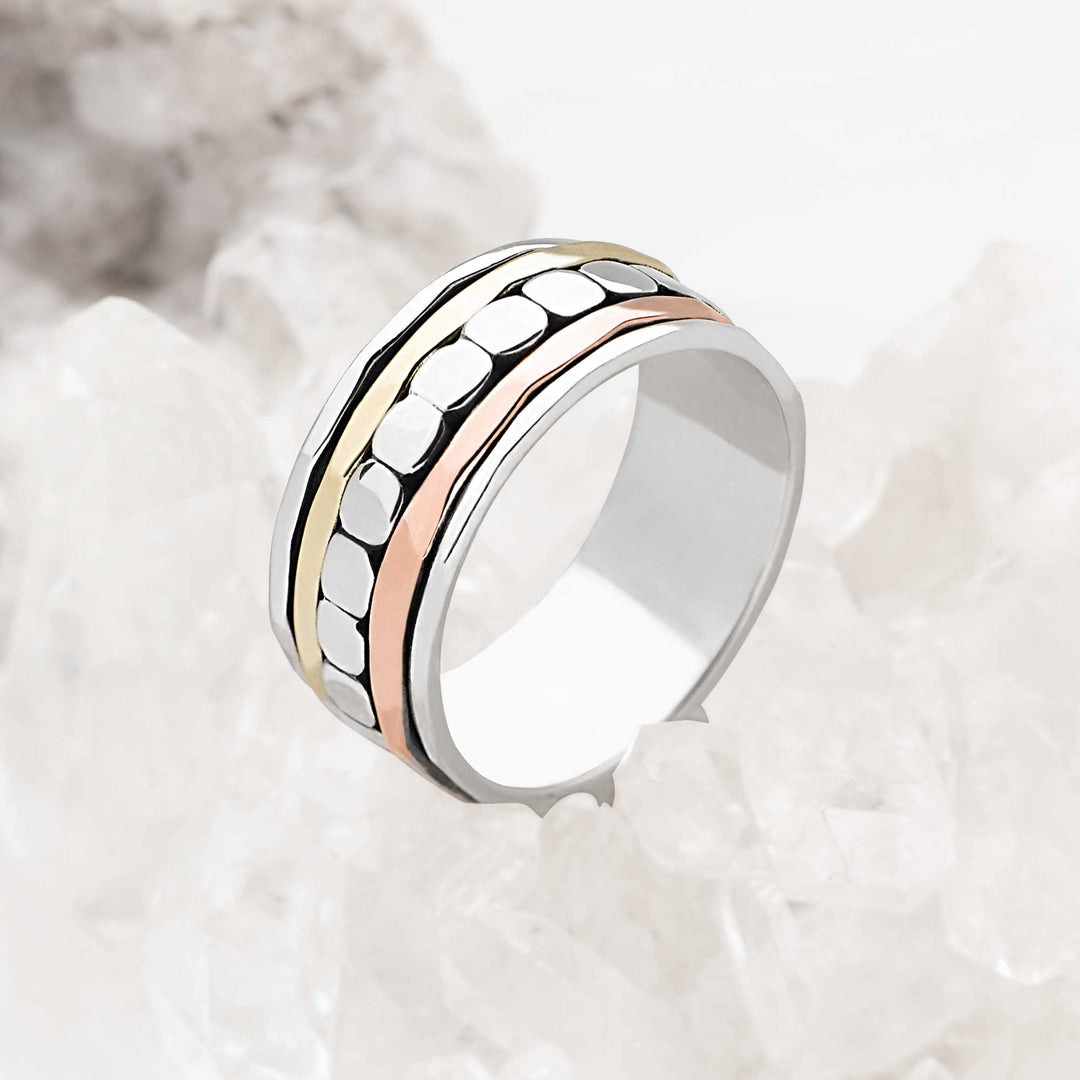 925 sterling silver spin ring with bands of silver, copper and brass plating. (R19931)