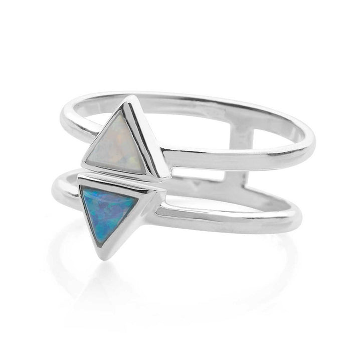 925 sterling silver double band with 2 synthetic blue & white opal triangles ring (R20531)