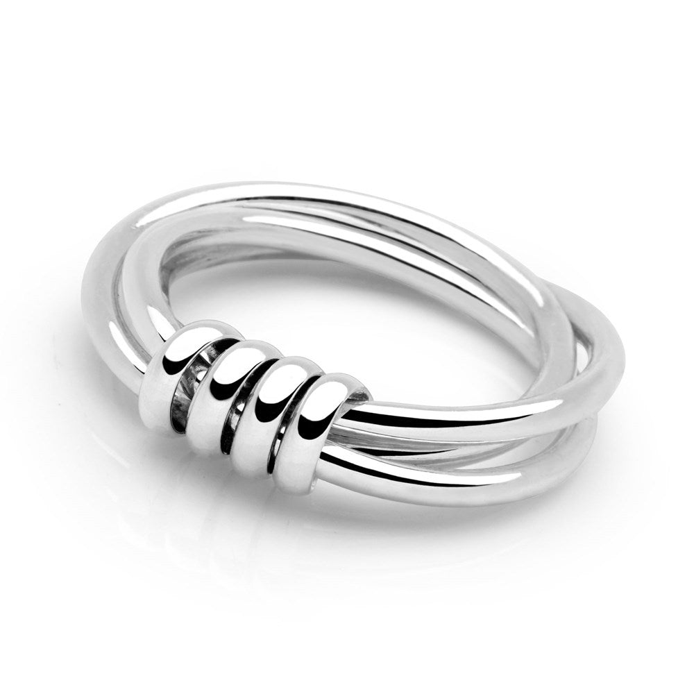 A polished 925 sterling silver ring with a unique design featuring three tethered rings and four sleek silver coils.
