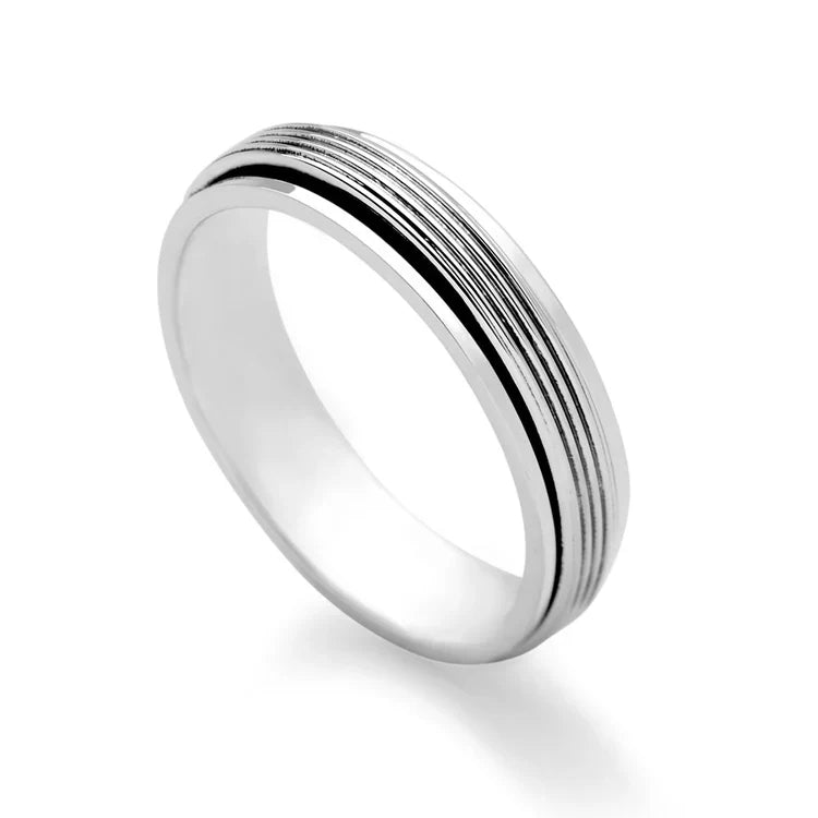 A polished sterling silver ring with a central spinning band, creating a grooved pattern.