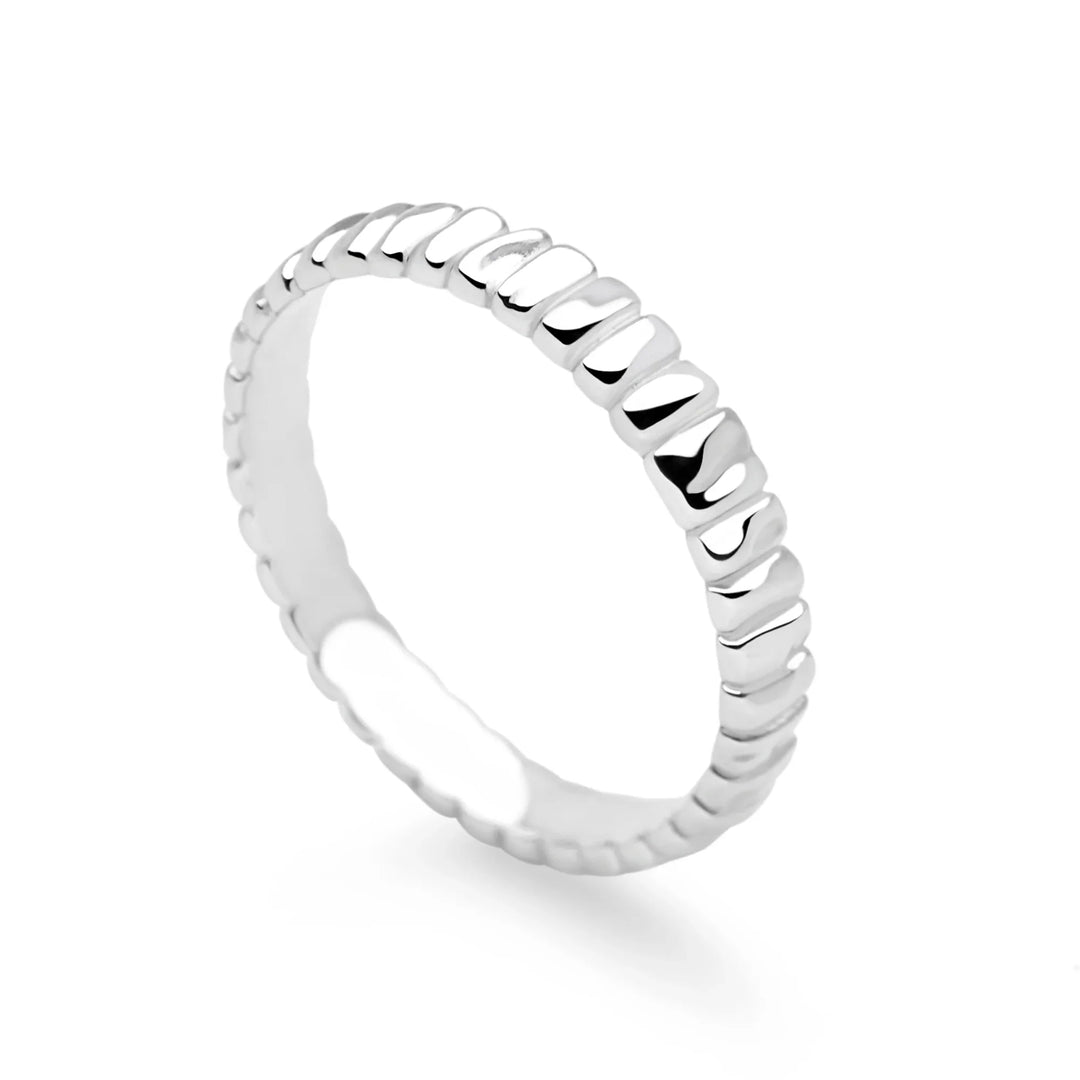 Silver ring with a textured design on a white background