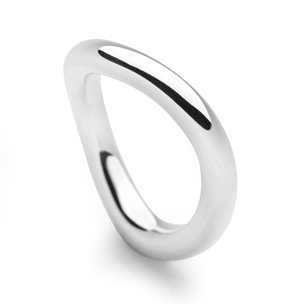 A shiny 925 sterling silver band ring with a slightly quirky shape, presented against a white background.