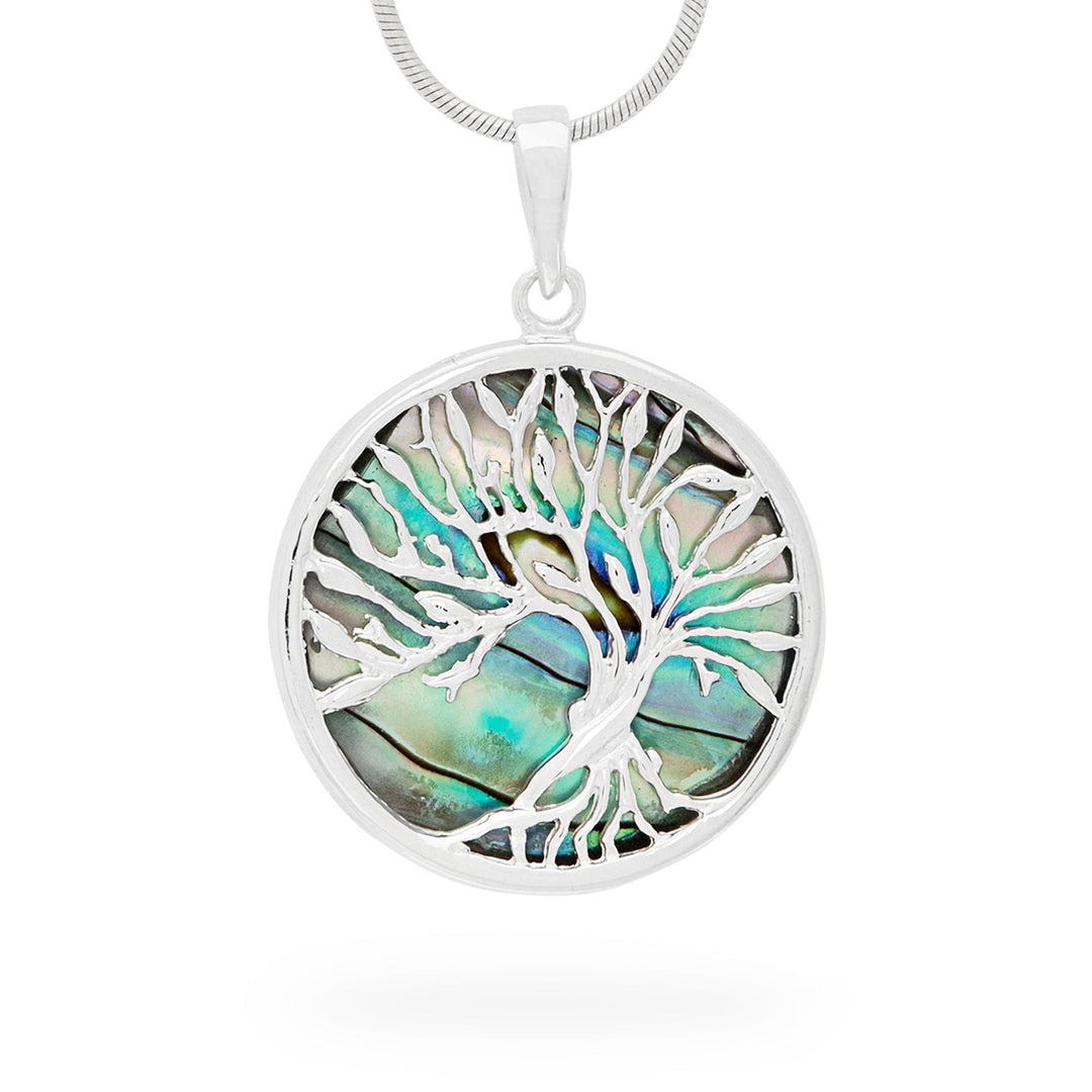 A silver pendant featuring the Tree of Life design with a multicolored abalone shell inlay, attached to a 40cm snake chain.