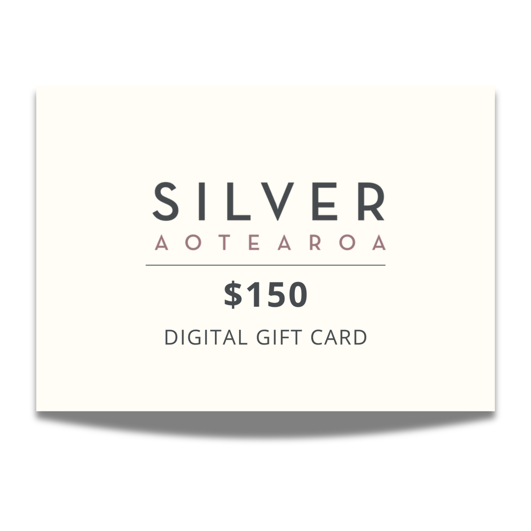 Silver Aotearoa $150 digital gift card on a white background